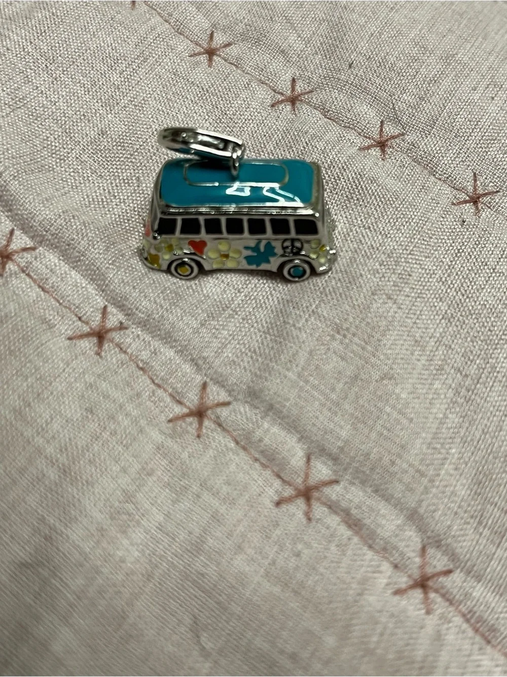 Decorative Silver Tone Van Charm with Multicolor Floral Accents 925